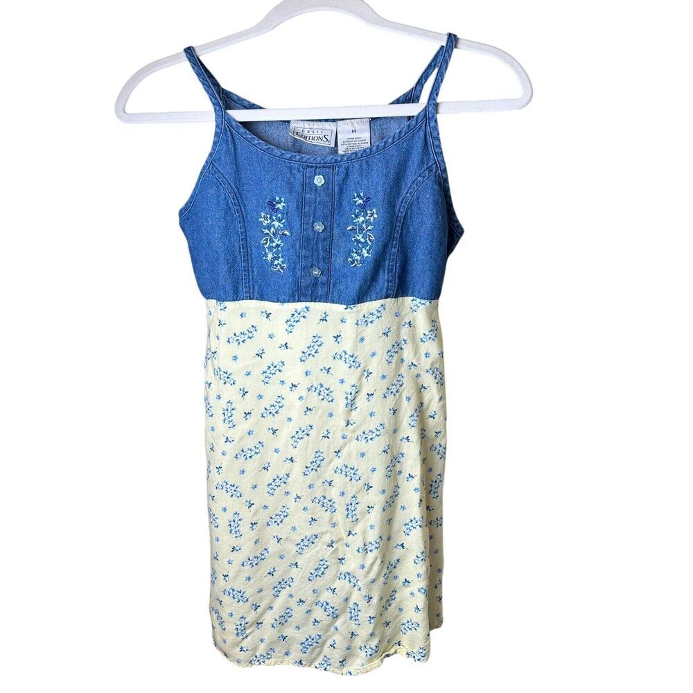 Y2K Vintage Basic Editions Girls Denim & Yellow Floral Dress Girl 14 Cottagecore